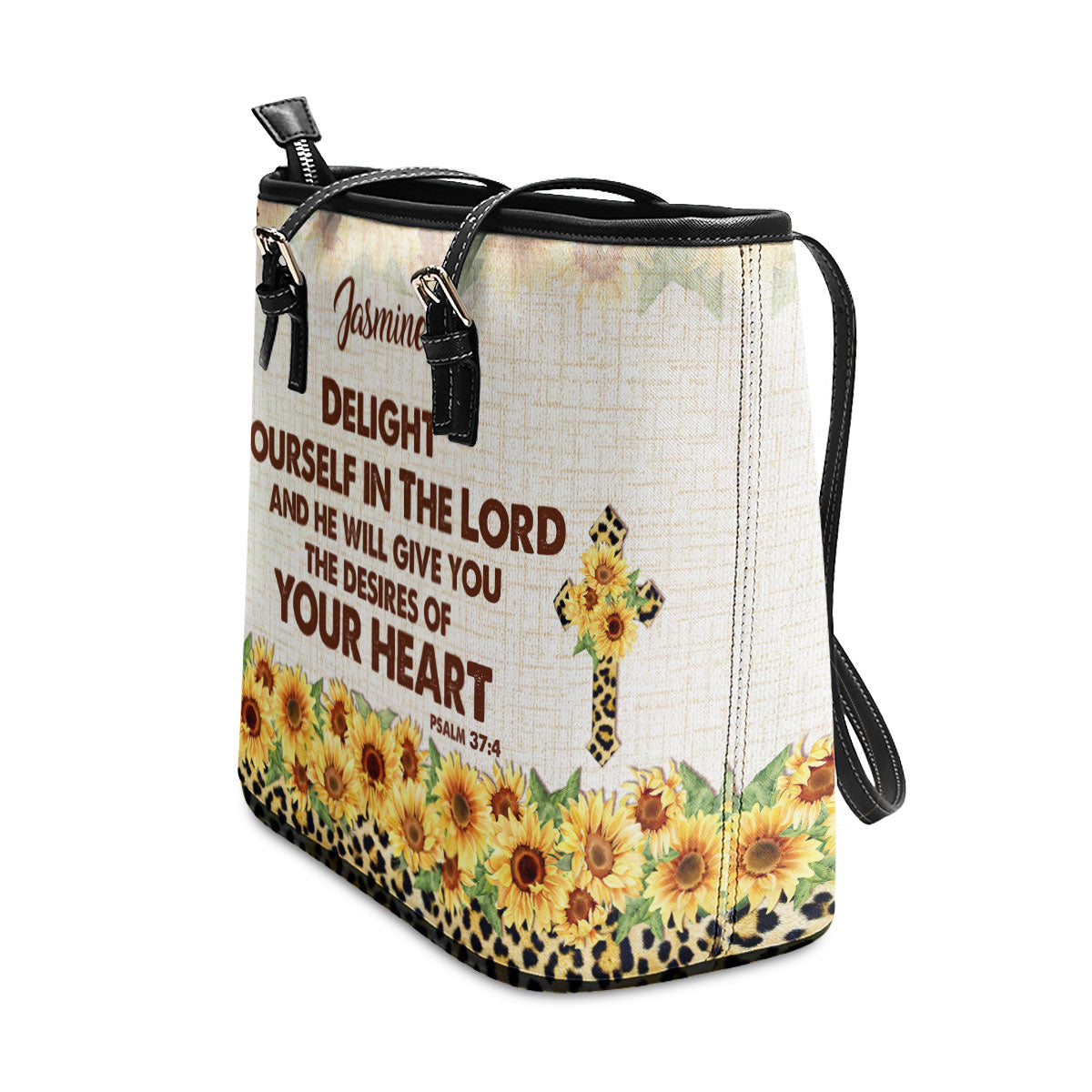 Jesuspirit | Delight Yourself In The Lord | Psalm 37:4 | Sunflower And Cross | Personalized Large Leather Tote Bag HN152