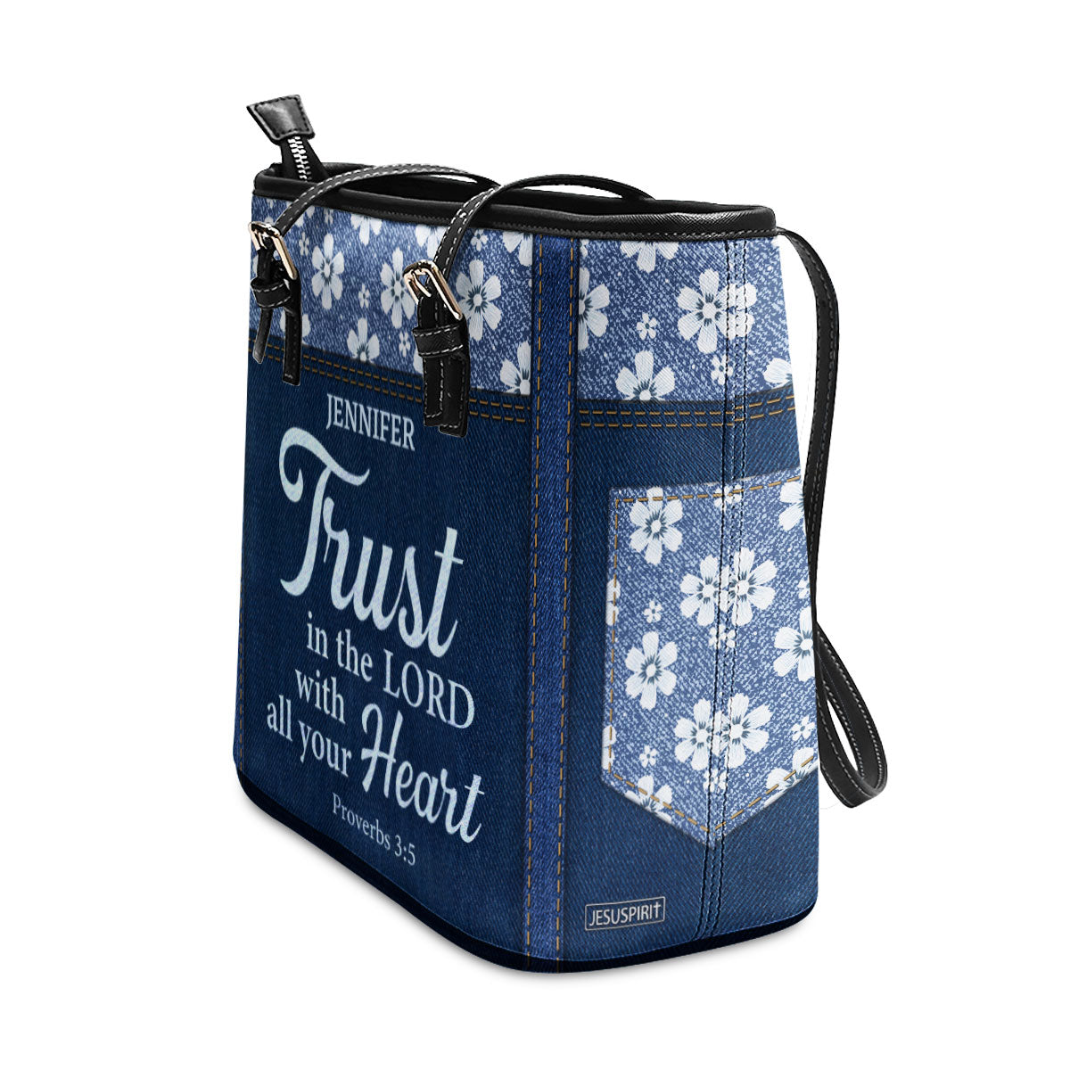 Jesuspirit | Proverbs 3:5 | Trust In The Lord With All Your Heart | Flower Large Leather Tote Bag With Long Strap HN21
