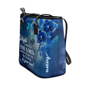 Jesuspirit | Delight Yourself In The Lord | Psalm 37:4 | Blue Orchids And Lilac | Personalized Large Leather Tote Bag LLTBH47