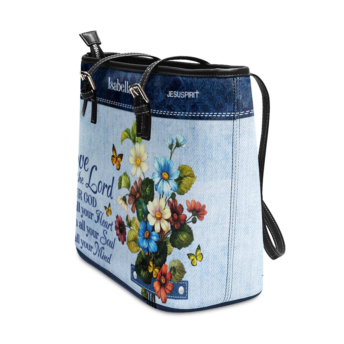 Jesuspirit | Love The Lord Your God With All Your Heart | Personalized Large Leather Tote Bag | Matthew 22:37 | Religious Gift For Christian Ladies LLTBHN647