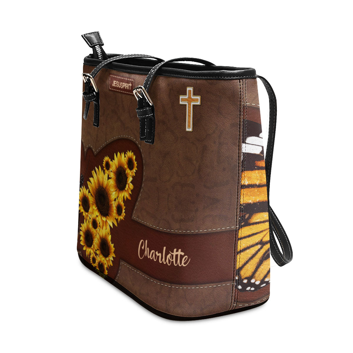 Jesuspirit | Sunflower And Butterfly | Personalized Large Leather Tote Bag With Long Strap | Spiritual Gifts For Women of God LLTBHN653