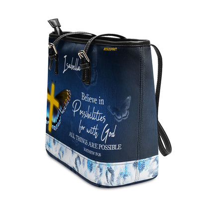 Jesuspirit | Personalized Large Leather Tote Bag With Long Strap | Matthew 19:26 | Christian Gifts For Religious Women | With God All Things Are Possible LLTBHN668