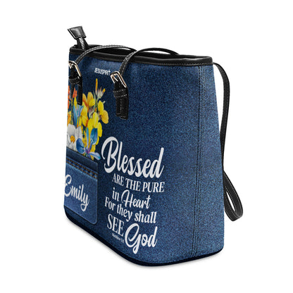 Jesuspirit | Personalized Large Leather Tote Bag With Long Strap | Faith Gifts For Christ Women | Blessed Are The Pure In Heart | Matthew 5:8 LLTBHB677