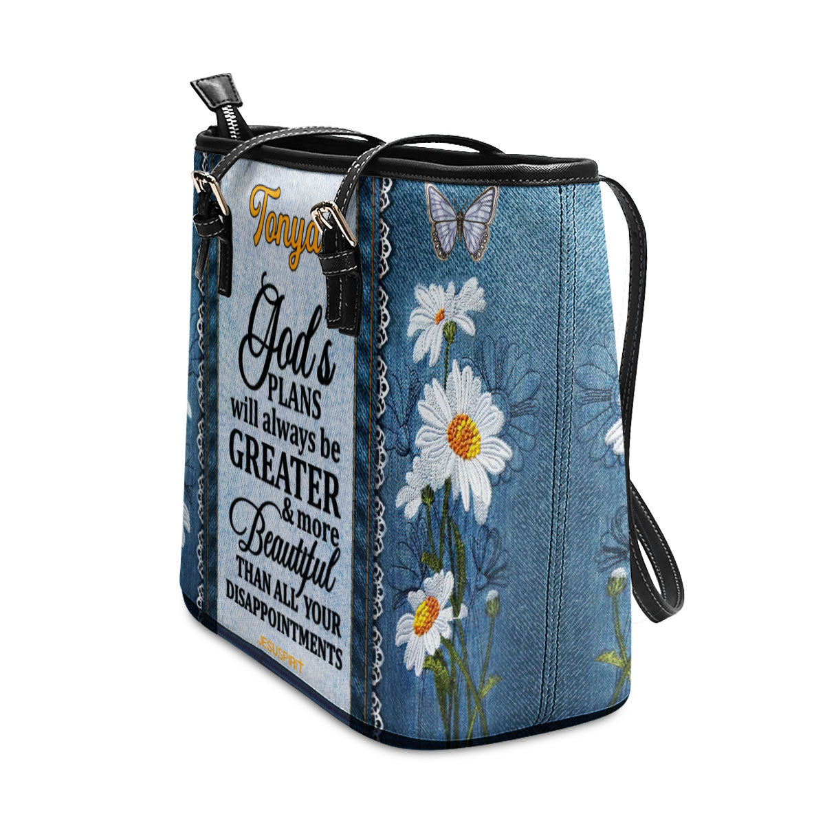 Jesuspirit | Personalized Large Leather Tote Bag | Daisy & Butterfly | God's Plans Will Always Be Greater Than All Your Disappointments LLTBM605