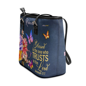 Jesuspirit | Personalized Large Leather Tote Bag With Long Strap | Blessed Is The Woman Who Trusts In The Lord | Jeremiah 17:7 | Christ Gifts With Bible Scripture For Women LLTBM680