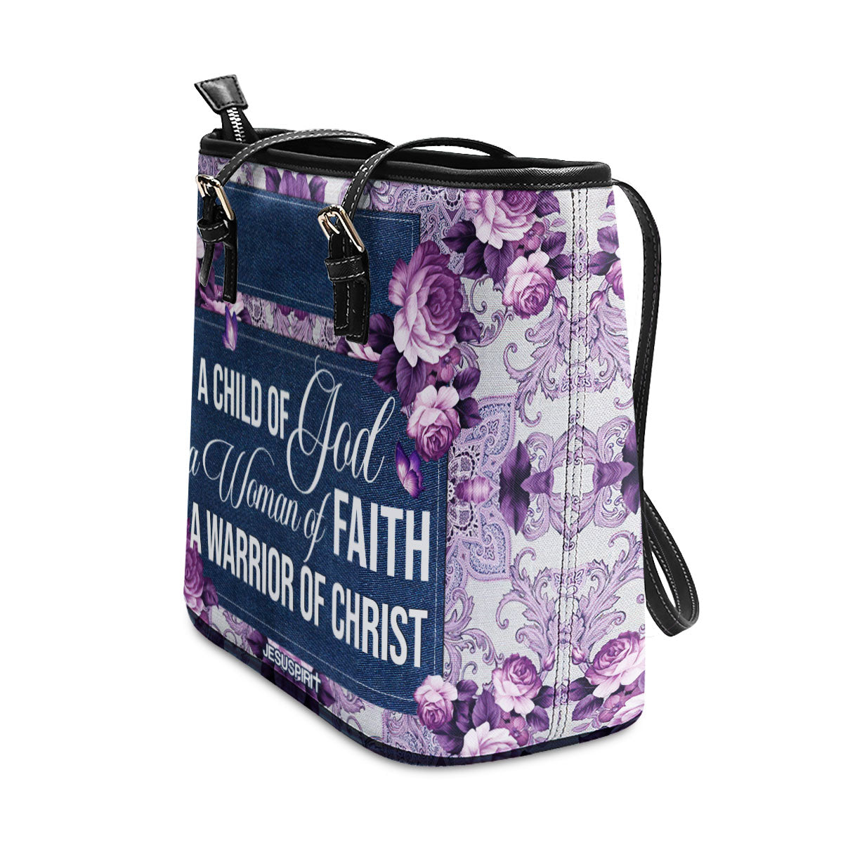 Jesuspirit | Flower And Butterfly | Personalized Purple Large Leather Tote Bag | A Child Of God M19