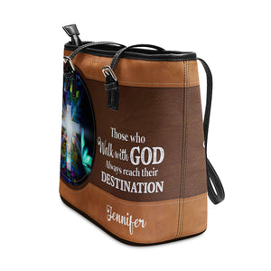 Personalized Cross Large Leather Tote Bag - Those Who Walk With God Always Reach Their Destination NUH266
