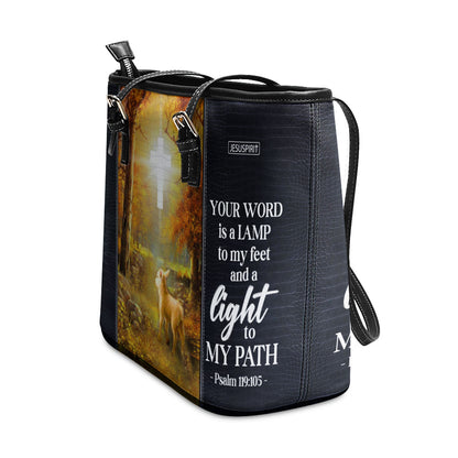 Lovely Personalized Large Leather Tote Bag - Your Word Is A Lamp To My Feet And A Light To My Path NUH442