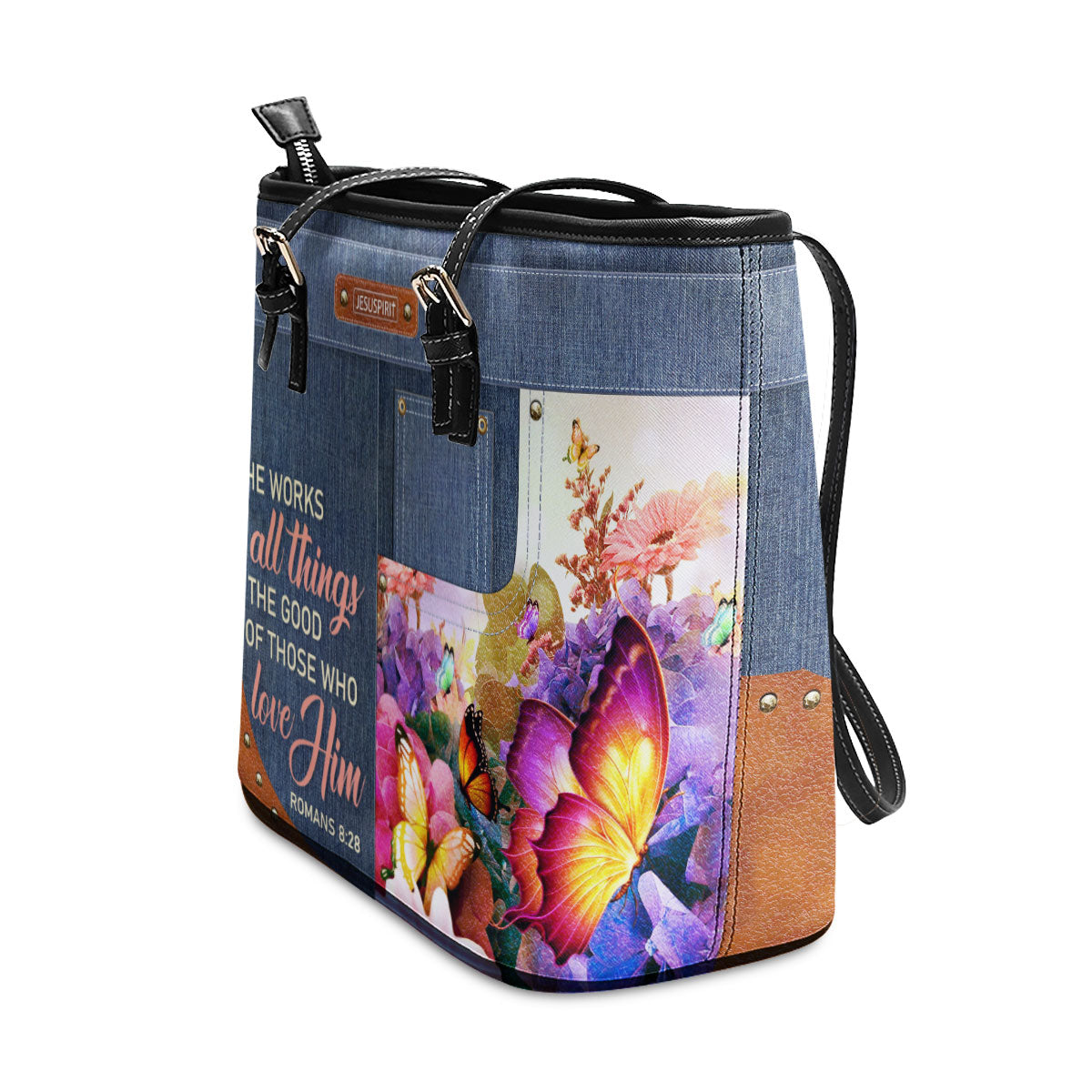 Personalized Large Leather Tote Bag - He Works All Things For The Good Of Those Who Love Him NUM315