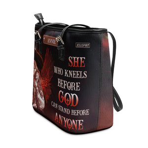 Personalized Large Leather Tote Bag - Who Kneels Before God Can Stand Before Anyone NUM381