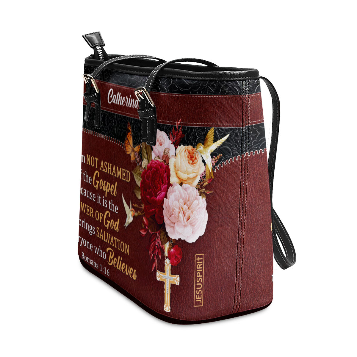 Pretty Personalized Large Leather Tote Bag - For I Am Not Ashamed Of The Gospel NUM467