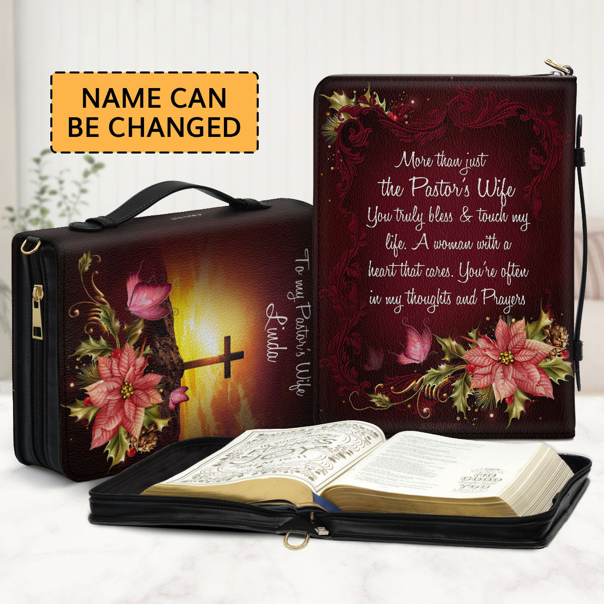 Jesuspirit | Personalized Zippered Bible Cover | More Than Just The Pastor's Wife | Flower And Cross | Meaningful Gift For Pastor's Wife BCH715