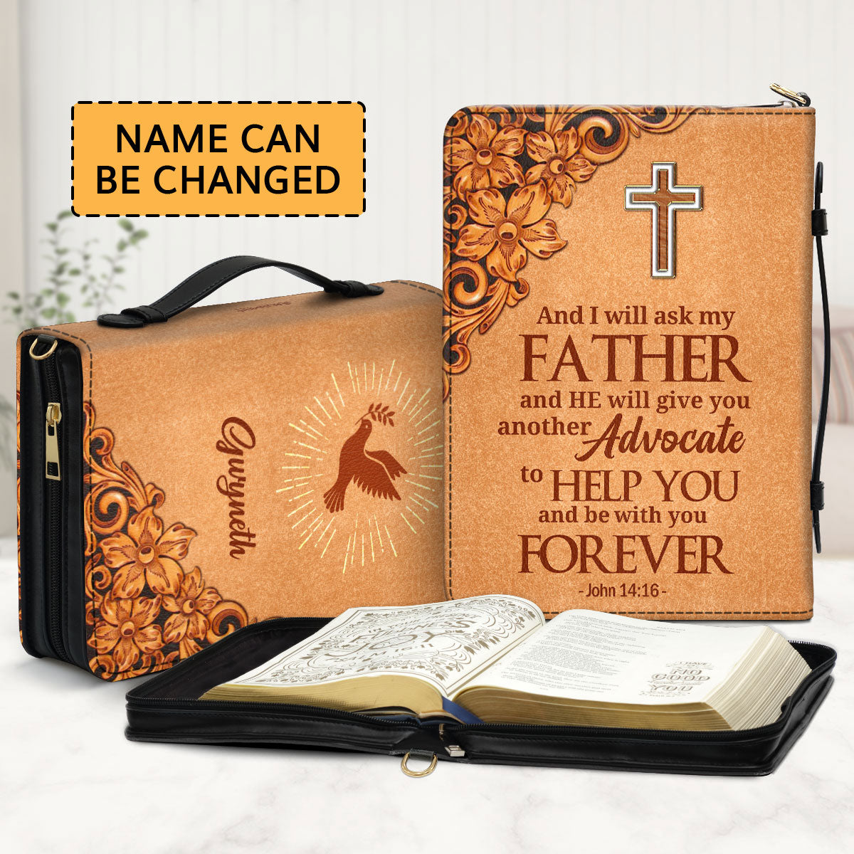 Jesuspirit | Personalized Zippered Bible Cover With Handle | Spiritual Gifts For Christians | John 14:16 | Pigeon And Cross BCH721