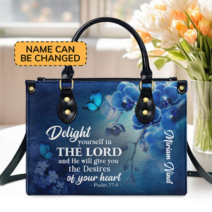 Jesuspirit | Personalized Leather Handbag | Delight Yourself In The Lord | Psalm 37:4 | Blue Orchids And Lilac H47