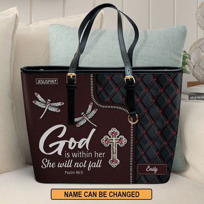 Beautiful Dragonfly Large Leather Tote Bag - God Is Within Her, She Will Not Fall HHN369