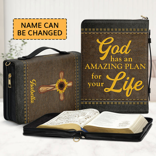 Jesuspirit Personalized Bible Cover With Handle | God Has Amazing Plan For Your Life | Cross And Sunflower | Zippered Bible Carrying Case HN150