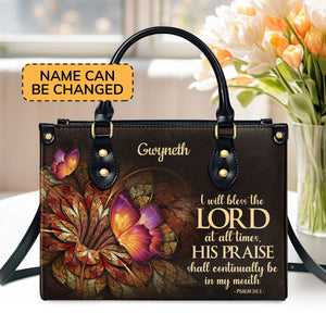 Jesuspirit Personalized Leather Handbag With Handle | Flower & Butterfly | Psalm 34:1 | I Will Bless The Lord At All Times LHBH605