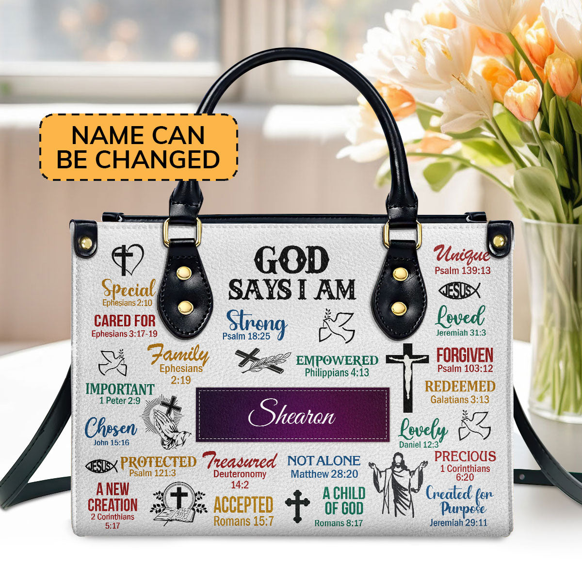 Jesuspirit | Personalized Leather Handbag With Handle | God Says I Am | Scripture Gifts For Christian Women LHBH742C