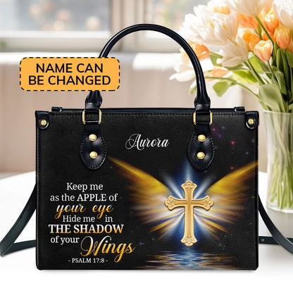 Jesuspirit | Personalized Leather Handbag With Handle | Christian Gifts For Women Of God | Hide Me In The Shadow Of Your Wings | Psalm 17:8 LHBH779