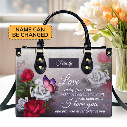 Jesuspirit | Love Is A Gift From God | Religious Romantic Gifts For Christian Women | Personalized Leather Handbag With Handle LHBH833