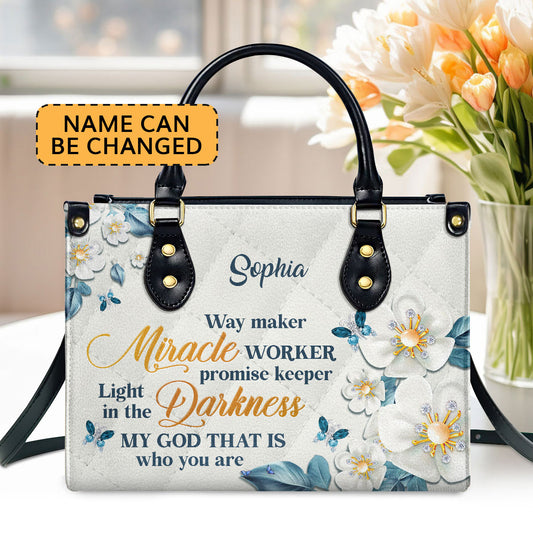 Jesuspirit Personalized Leather Handbag With Handle | Thoughtful Gift For Christians | Flower & Butterfly | Way Maker And Miracle Worker LHBHN612