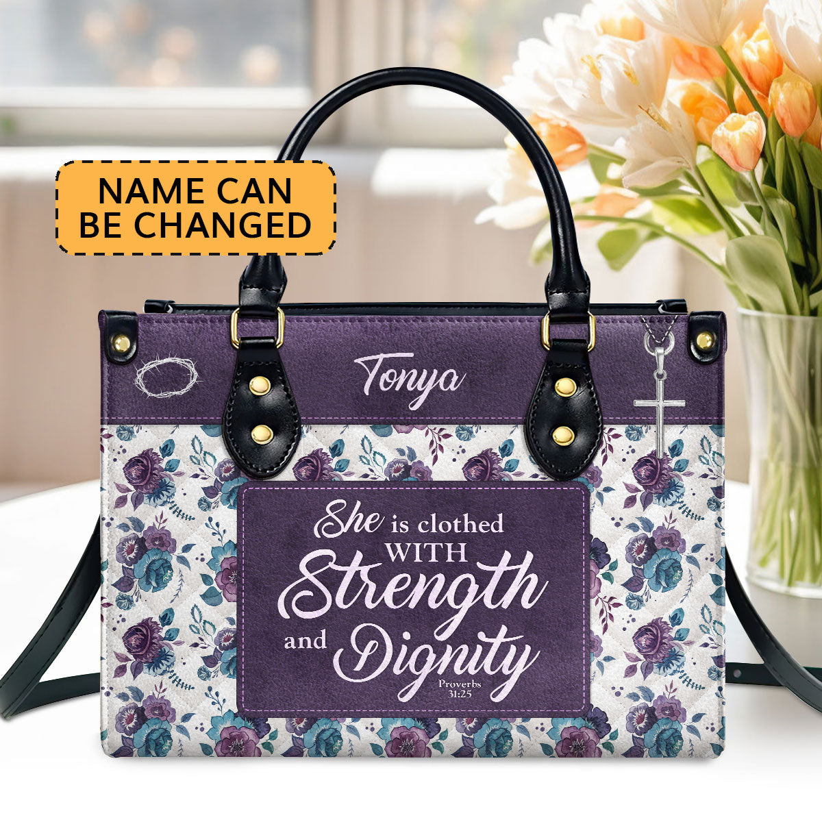 Jesuspirit | Proverbs 31:25 | Personalized Leather Handbag With Handle | She Is Clothed With Strength and Dignity | Religious Gift For Female Pastors LHBHN804