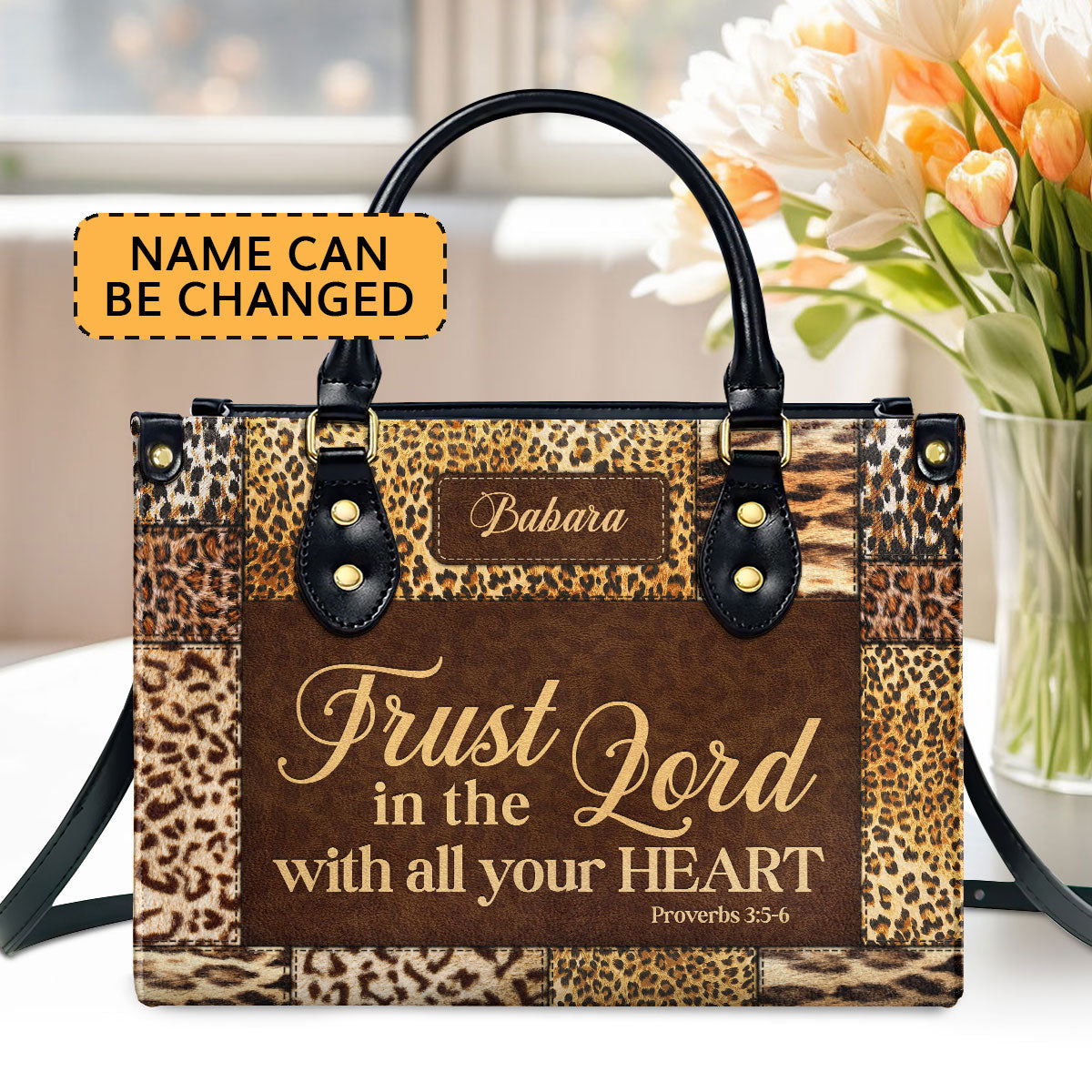 Jesuspirit | Trust In The Lord With All Your Heart | Proverbs 3:5-6 | Personalized Zippered Leather Handbag | Psalm 31:24 | Inspirational Gift For Her LHBHN806