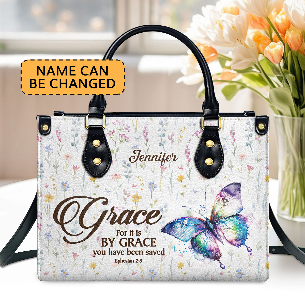Jesuspirit | For It Is By Grace You Have Been Saved | Ephesians 2:8 | Worship Gift For Spiritual Friends | Personalized Leather Handbag With Handle LHBHN808