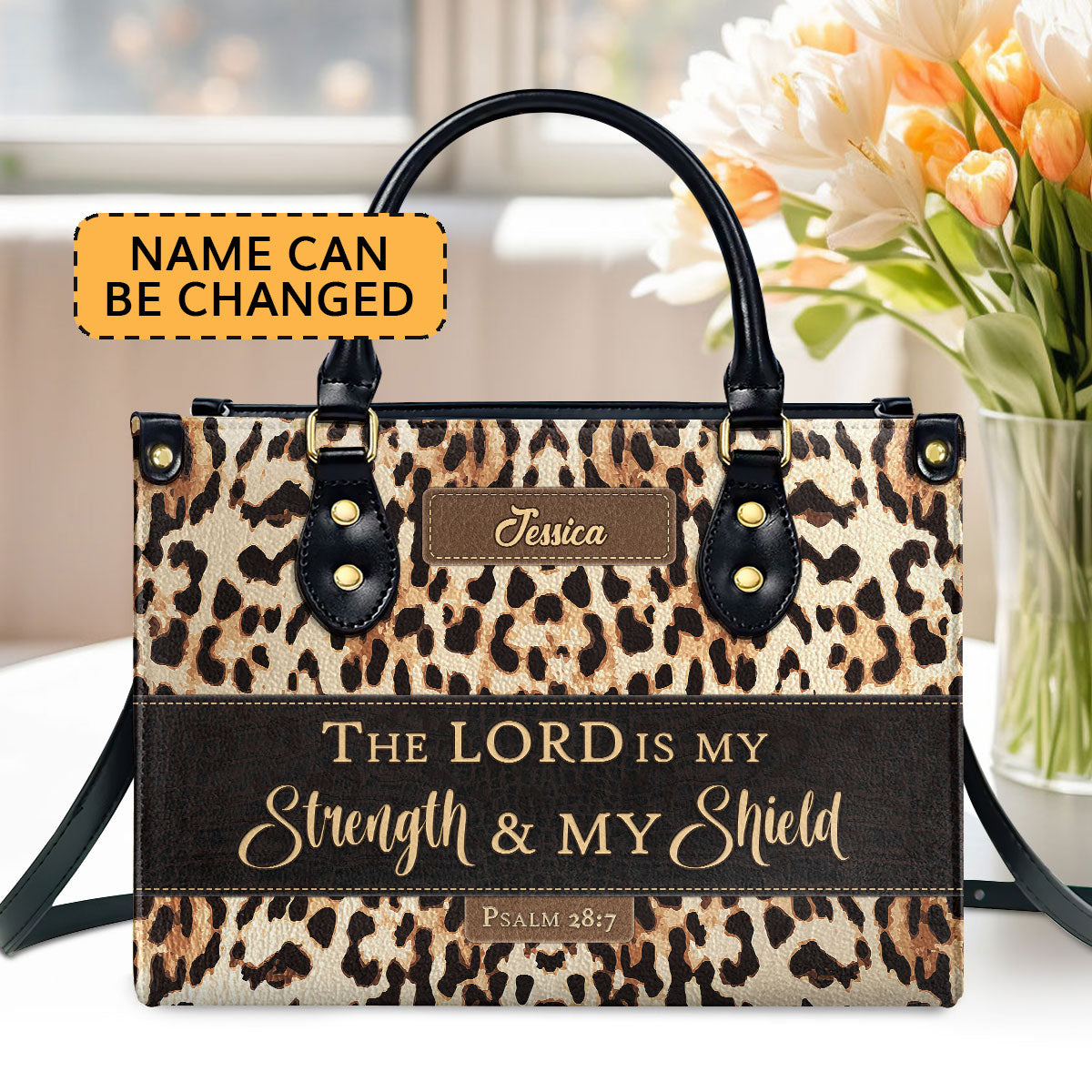 Jesuspirit | Psalm 28:7 | The Lord Is My Strength And My Shield | Personalized Leather Handbag With Zipper | Worship Gift For Women's Ministry LHBHN809