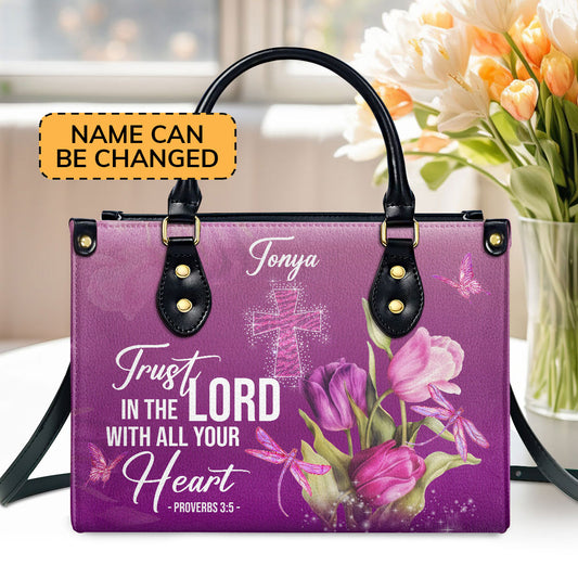 Jesuspirit | Personalized Purple Leather Handbag | Trust In The Lord With All Your Heart | Proverbs 3:5 | Tulip And Cross LHBM602