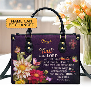 Jesuspirit | Proverbs 3:5-6 | Trust In The Lord With All Thine Heart | Flower And Cross | Personalized Leather Handbag LHBM677