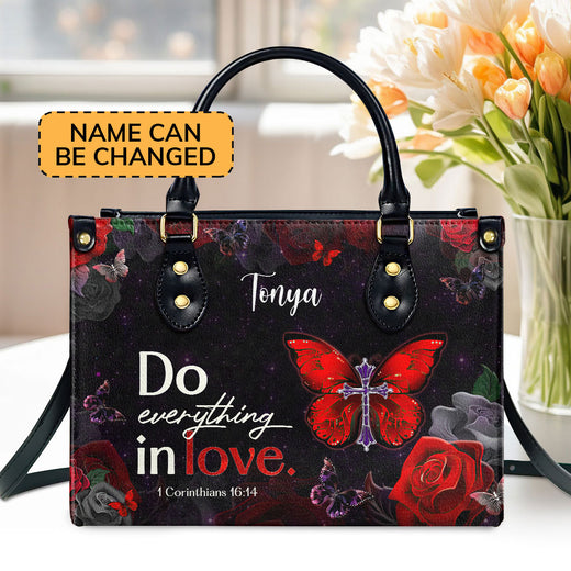 Jesuspirit | 1 Corinthians 16:14 | Do Everything in Love | Inspirational Gifts With Bible Verse For Christian Women | Personalized Leather Handbag With Straps LHBM713