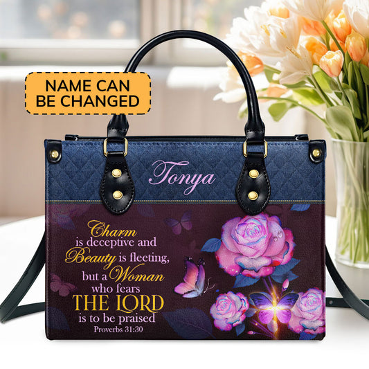 Jesuspirit | Proverbs 31:30 | Personalized Leather Handbag With Handle | Scripture Meaningful Gifts For Christian Women LHBM714