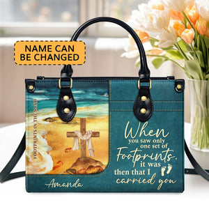 Jesuspirit | Personalized Leather Handbag With Long Strap | Footprints In The Sand | Special Gift For Christian Ladies LHBNUHN490