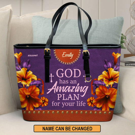 Jesuspirit | God Has An Amazing Plan For Your Life | Pretty Large Leather Tote Bag | Lily And Cross LLTBHN611