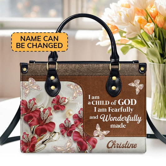 Beautiful Personalized Flower Leather Handbag - I Am A Child Of God NUH303