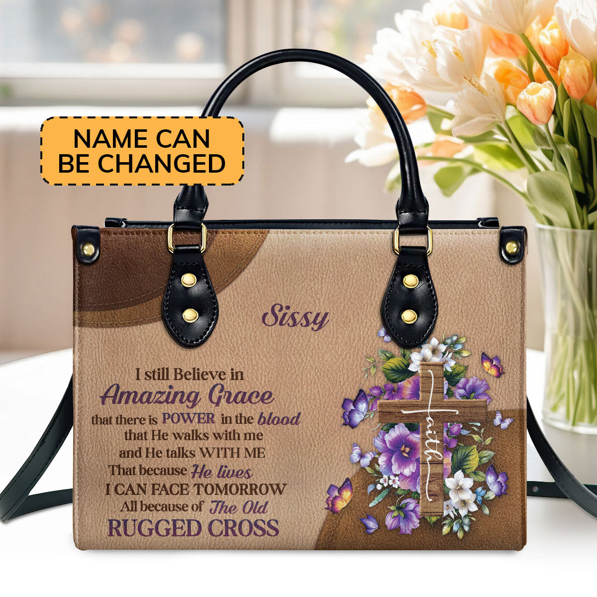 Stunning Personalized Floral Cross Leather Handbag - I Still Believe In Amazing Grace NUH269