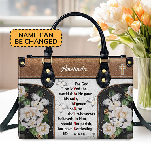 Jesuspirit | Personalized Leather Handbag | Christian Valentines Day Ideas | John 3:16 | For God So Loved The World | Bible Verse Spiritual Gifts LHBH832