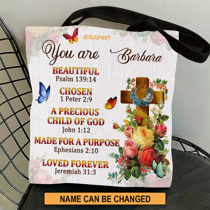 Jesuspirit | Made For A Purpose | Meaningful Personalized Tote Bag | Flower And Cross TBM705