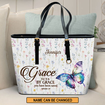 Jesuspirit | Ephesians 2:8 | For It Is By Grace You Have Been Saved | Pretty Large Leather Tote Bag LLTBHN808