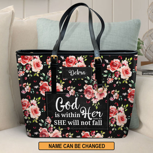 Jesuspirit | Personalized Leather Tote Bag With Shoulder Straps | Psalm 46:5 | God Is Within Her, She Will Not Fall | Religious Gift For Christian Friends LLTBHN807