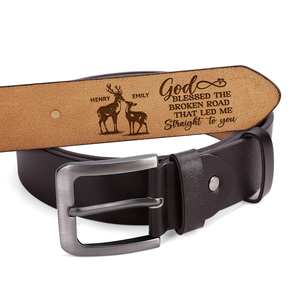 God Bless The Broken Road That Led Me Straight To You | Personalized Engraved Leather Belt