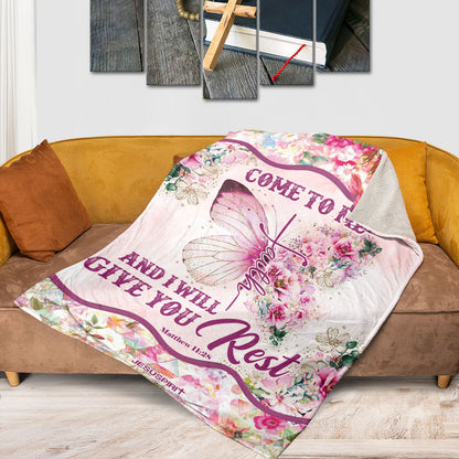 Jesuspirit Gorgeous Fleece Blanket | Flower And Butterfly | Matthew 11:28 | Come To Me And I Will Give You Rest FBHN613