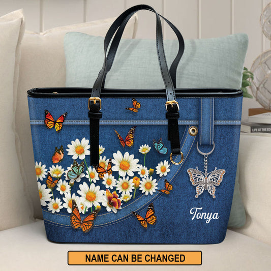 Daisy and Butterfly Large Leather Tote Bag HM422