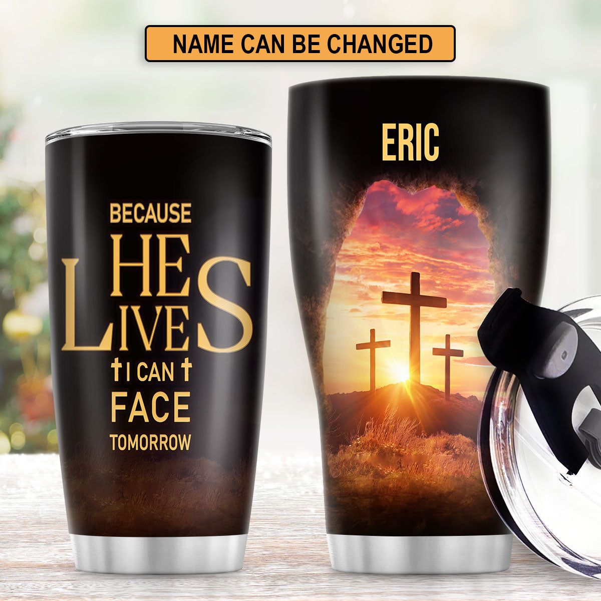 Jesuspirit | Religious Gift For Bible Study Groups | Personalized Stainless Steel Tumbler | Because He Lives, I Can Face Tomorrow SSTM02