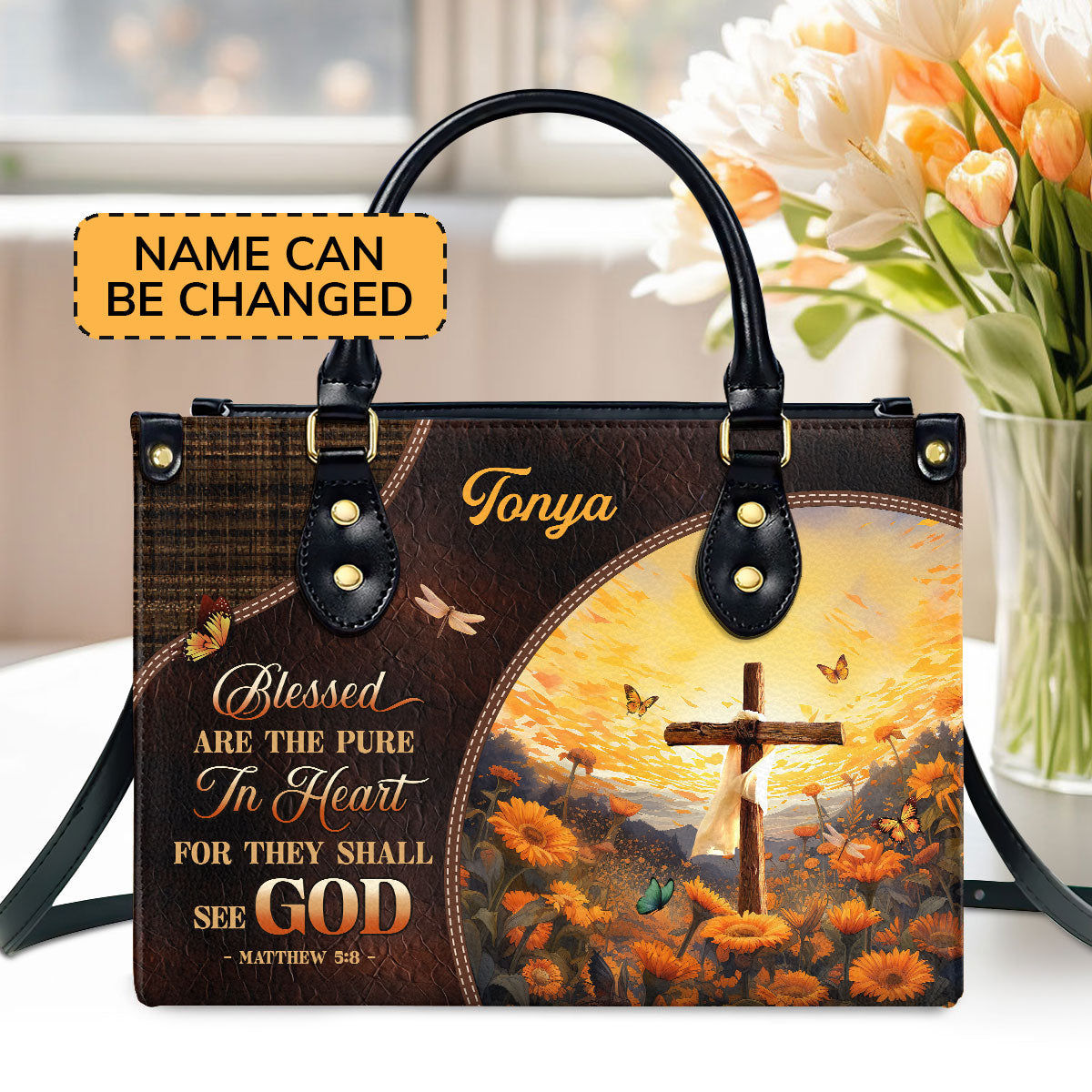 Jesuspirit | Personalized Zippered Leather Handbag With Handle | Religious Gift For Worship Friends | Blessed Are The Pure LHBM763