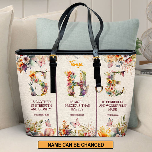 Jesuspirit | Proverbs 31:25 | Personalized Large Leather Tote Bag With Long Strap | Christ Gifts For Women Of God | She Is Clothed With Strength And Dignity LLTBM801