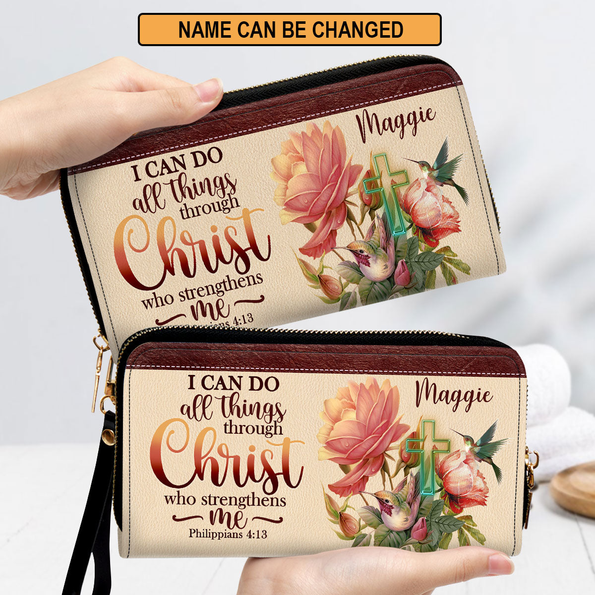 Jesuspirit | Personalized Leather Clutch Purse With Wristlet Strap Handle | Spiritual Gifts For Christian Women | I Can Do All Things Through Christ | Philippians 4:13 CPMM681