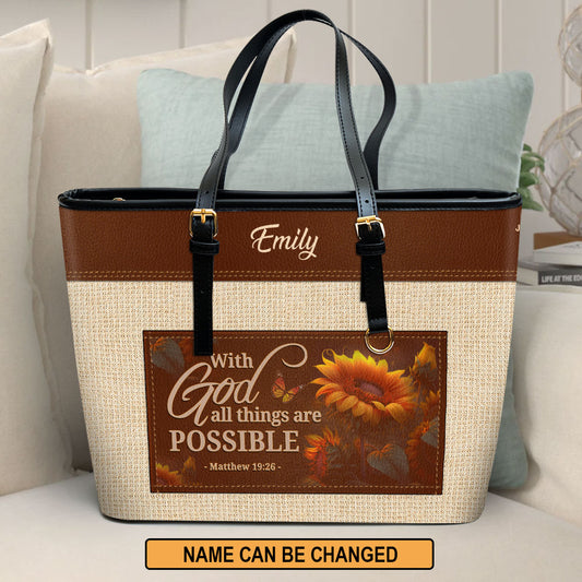 Jesuspirit | Matthew 19:26 | With God All Things Are Possible | Personalized Large Leather Tote Bag With Long Strap | Gift For Female Pastors LLTBM802