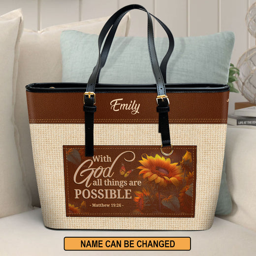 Jesuspirit | Matthew 19:26 | With God All Things Are Possible | Personalized Large Leather Tote Bag With Long Strap | Gift For Female Pastors LLTBM802